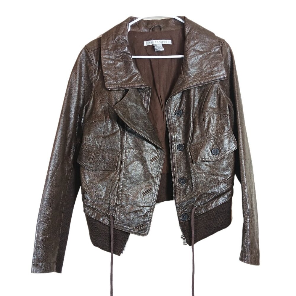 Rezrekshn By Esther Chen Leather Jacket Womens M Brown Trucker Wool Lining Vtg